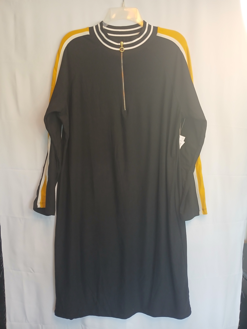 New! Love Ari Black & Yellow Long-Sleeve Quarter Zip Knit Crew Neck Dress 3X